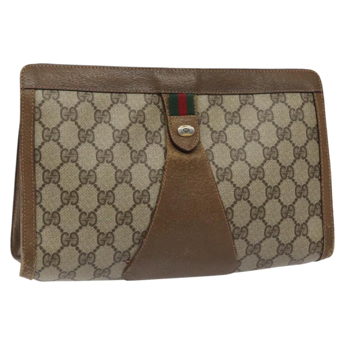 GUCCI GG Supreme Web Sherry Line Clutch Bag PVC Beige Red Green Auth 115578