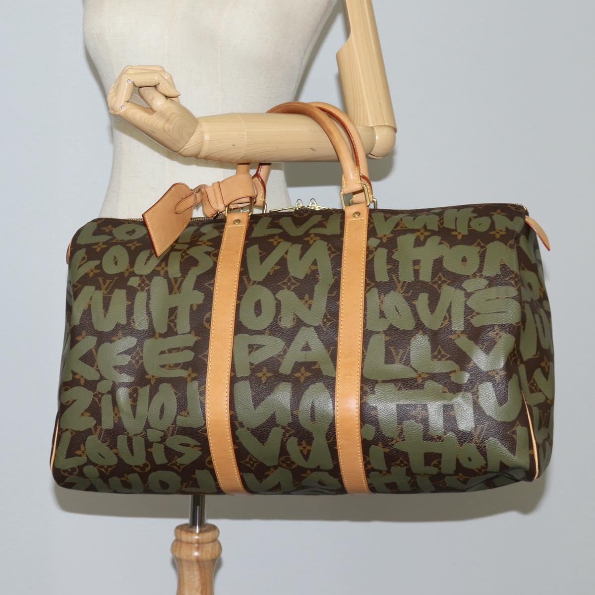 LOUIS VUITTON Monogram Graffiti Keepall 50 Boston Bag Khaki M92196 Auth 115621AM