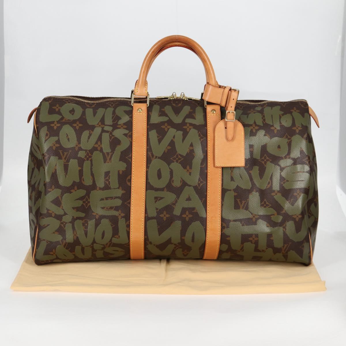 LOUIS VUITTON Monogram Graffiti Keepall 50 Boston Bag Khaki M92196 Auth 115621AM