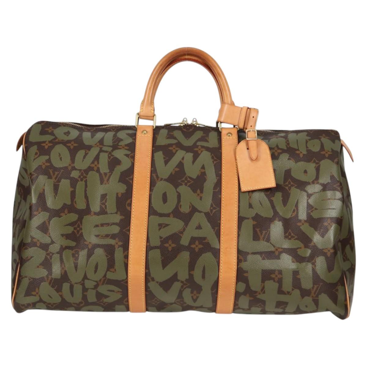 LOUIS VUITTON Monogram Graffiti Keepall 50 Boston Bag Khaki M92196 Auth 115621SAM