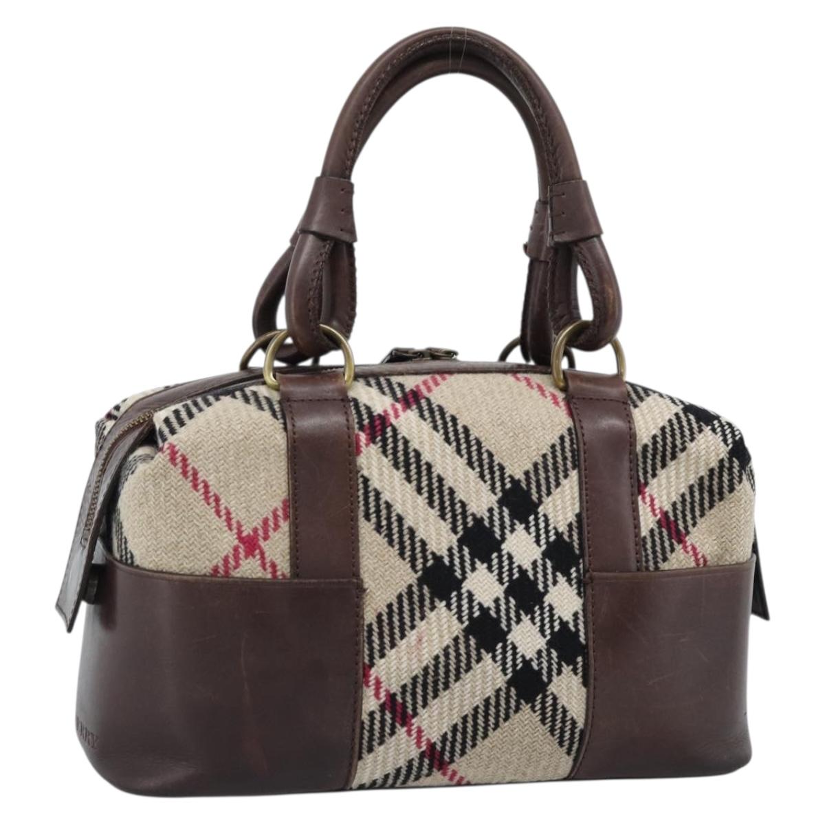 BURBERRY Nova Check Hand Bag Wool Leather Beige Brown gold Auth 115724