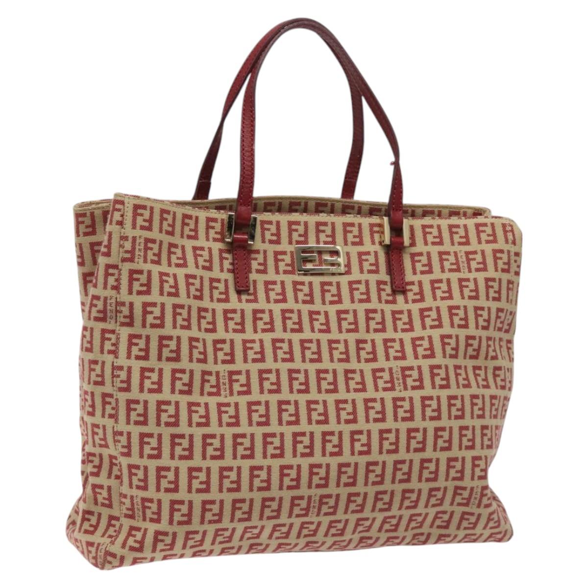 FENDI Zucchino Canvas Tote Bag Red Beige gold Auth 115773