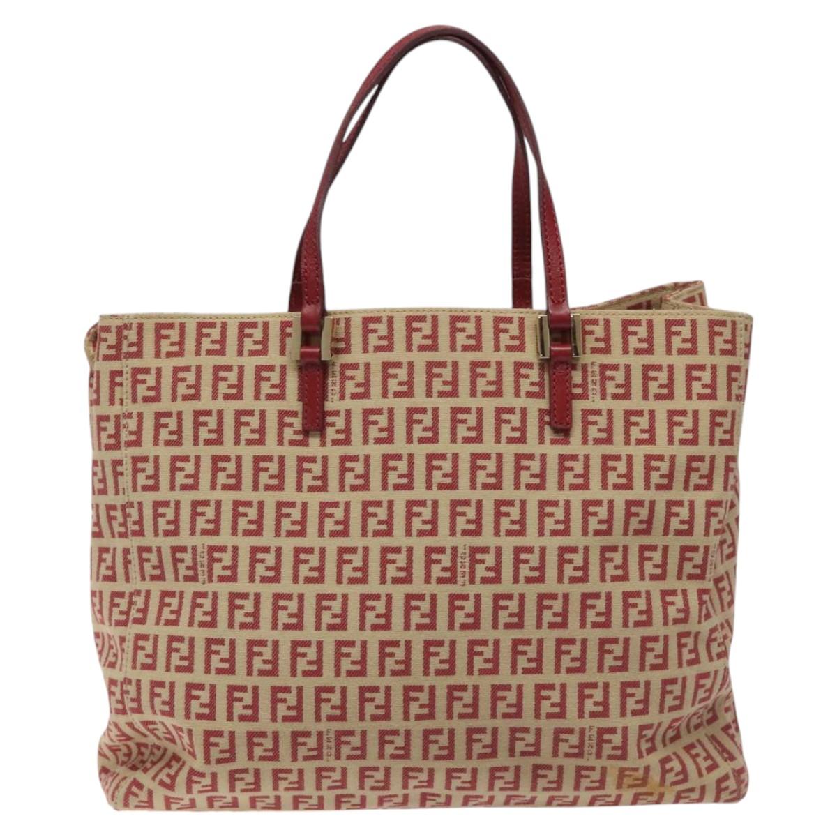 FENDI Zucchino Canvas Tote Bag Red Beige gold Auth 115773