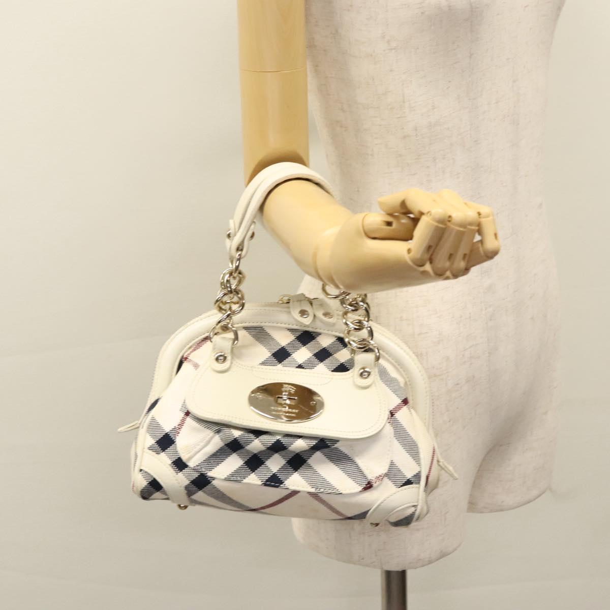 BURBERRY Nova Check Blue Label Hand Bag Canvas Leather Gold White Auth 115844