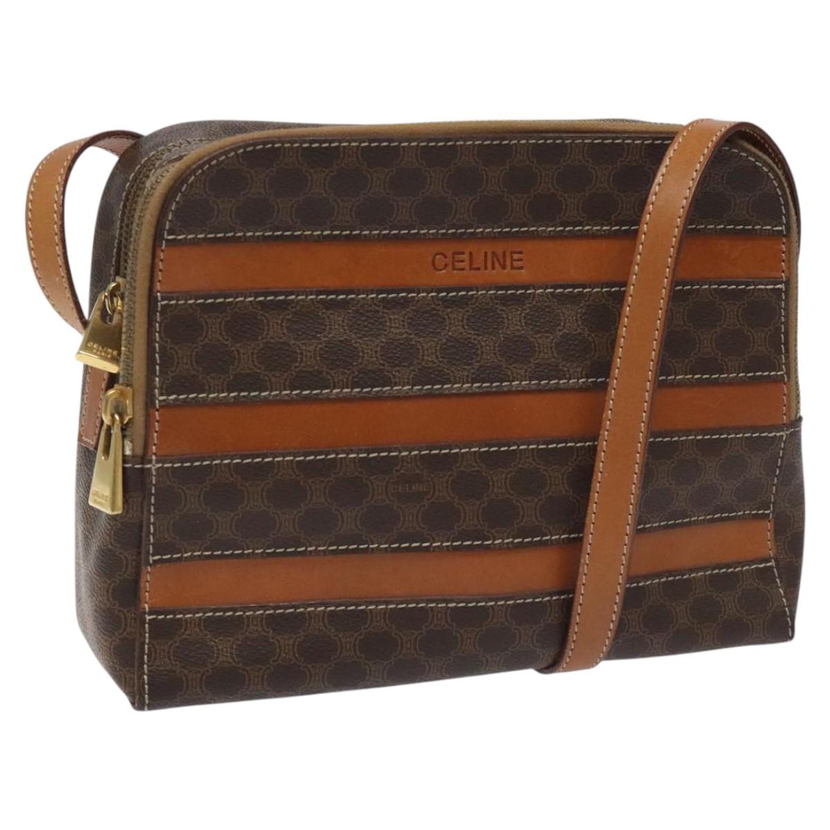 CELINE Macadam Canvas Shoulder Bag PVC Beige Brown gold Auth 115906