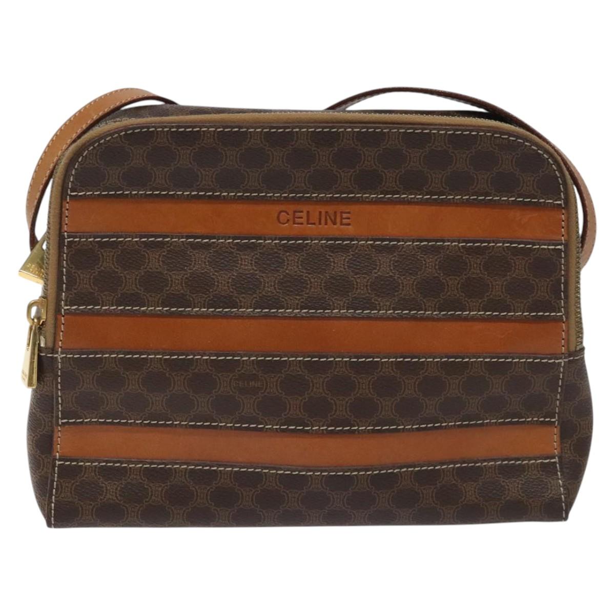 CELINE Macadam Canvas Shoulder Bag PVC Beige Brown gold Auth 115906