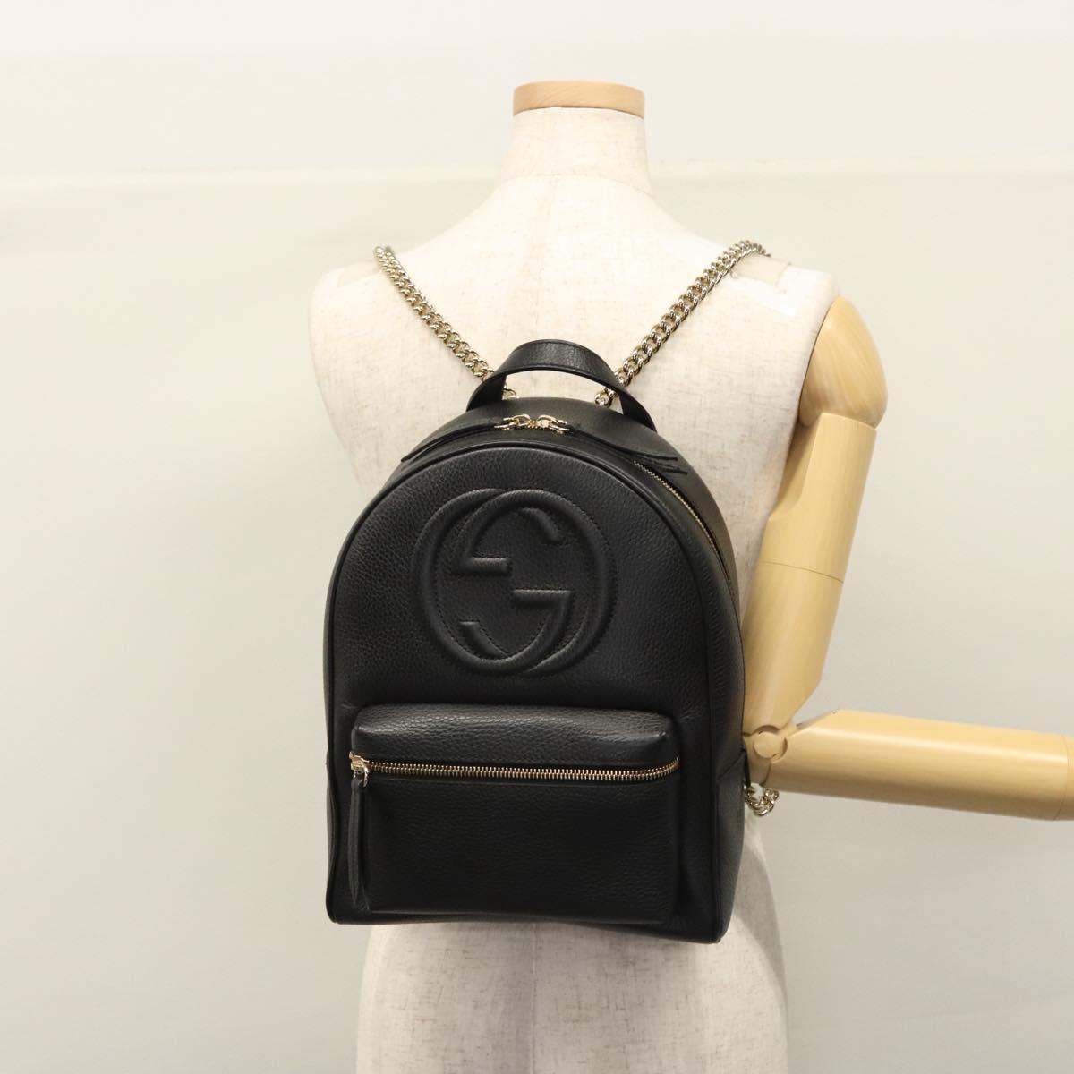 GUCCI Chain Interlocking Backpack Leather Gold Black 536192 Auth 115987AV