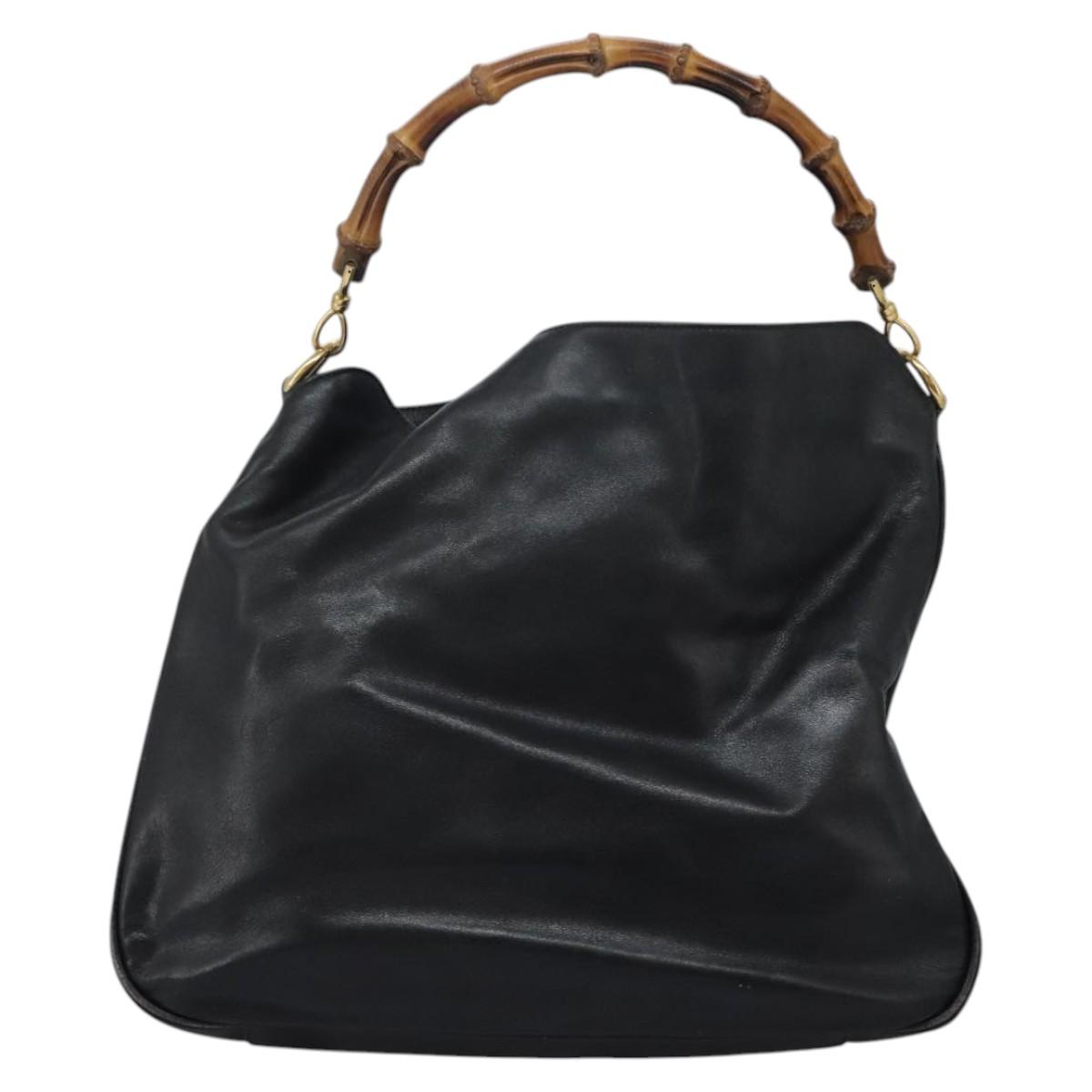 GUCCI Bamboo Shoulder Bag Leather 2way Black Gold 001 3754 1577 Auth 116022