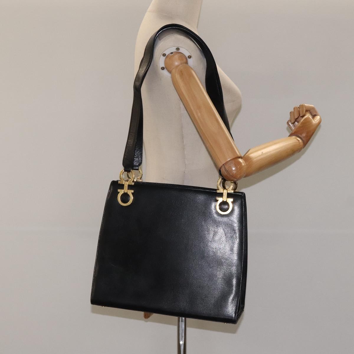 Salvatore Ferragamo Gancini Shoulder Bag Leather Black Gold Auth 116063
