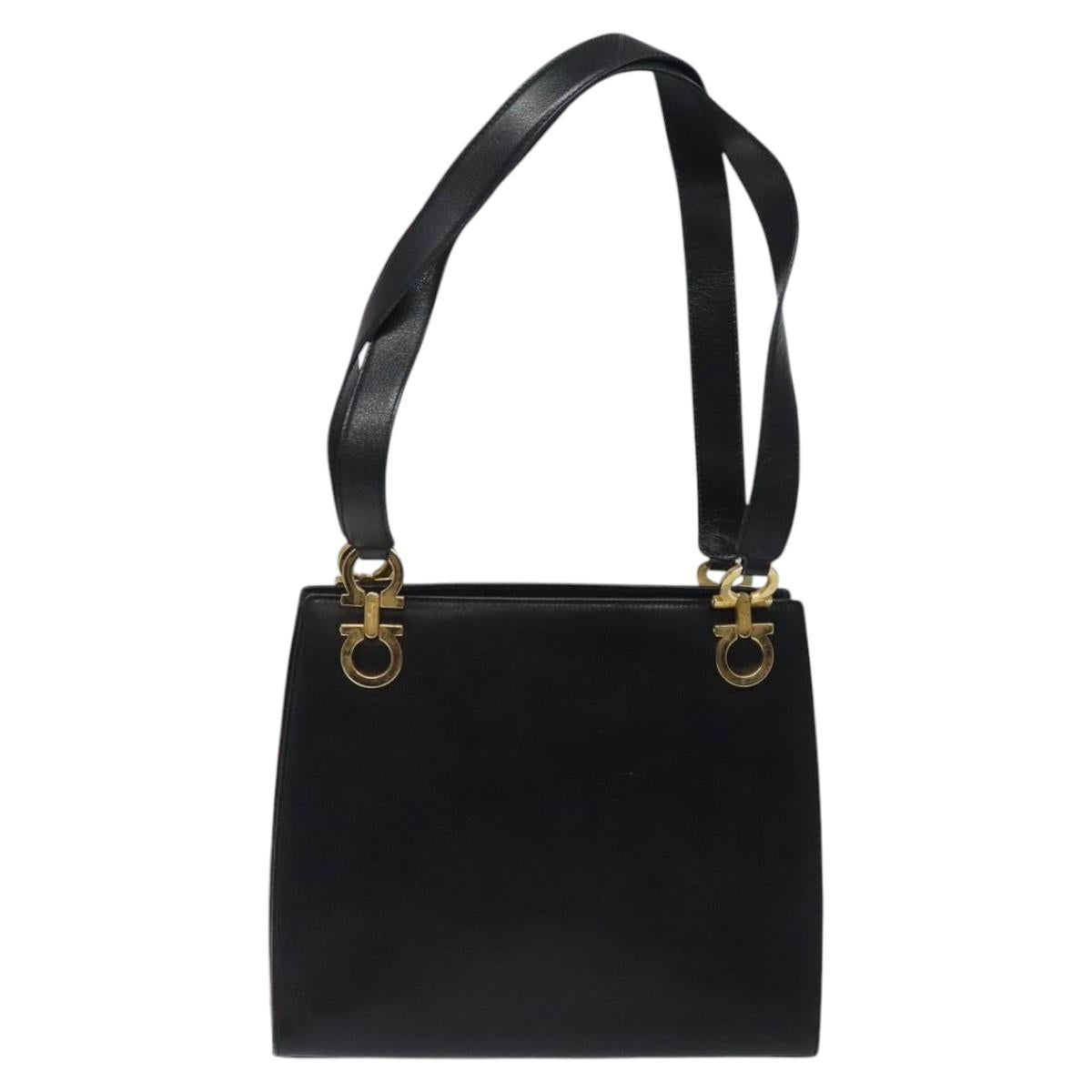 Salvatore Ferragamo Gancini Shoulder Bag Leather Black Gold Auth 116063