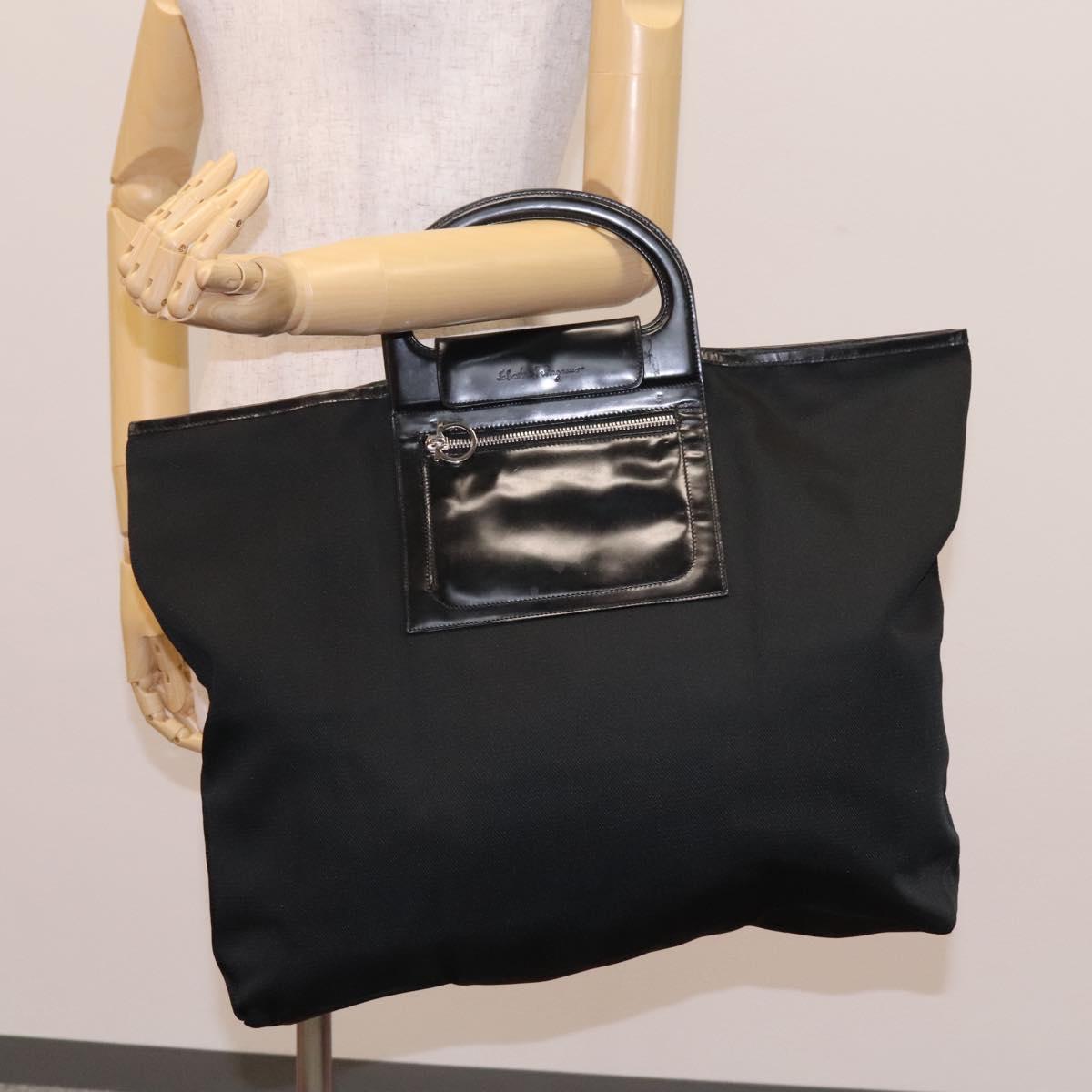 Salvatore Ferragamo Gancini Hand Bag Nylon Black Auth 116072