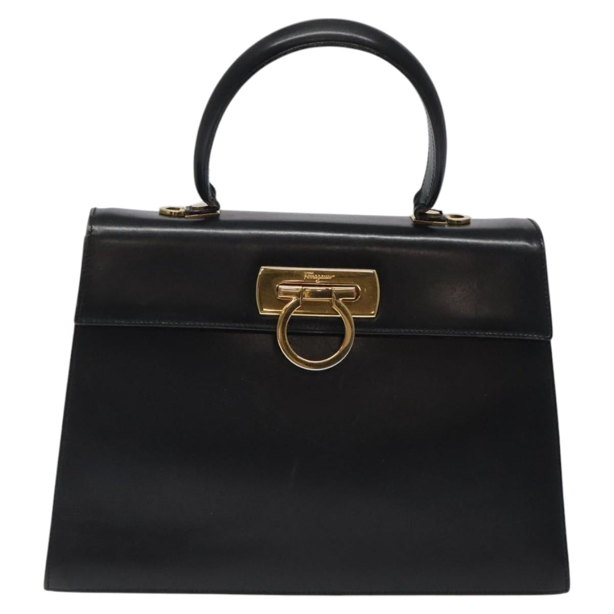 Salvatore Ferragamo Gancini Hand Bag Leather 2way Black Gold Auth 116105
