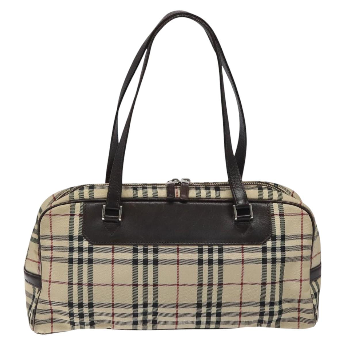 BURBERRY Nova Check Hand Bag Nylon Beige Silver Auth 116114