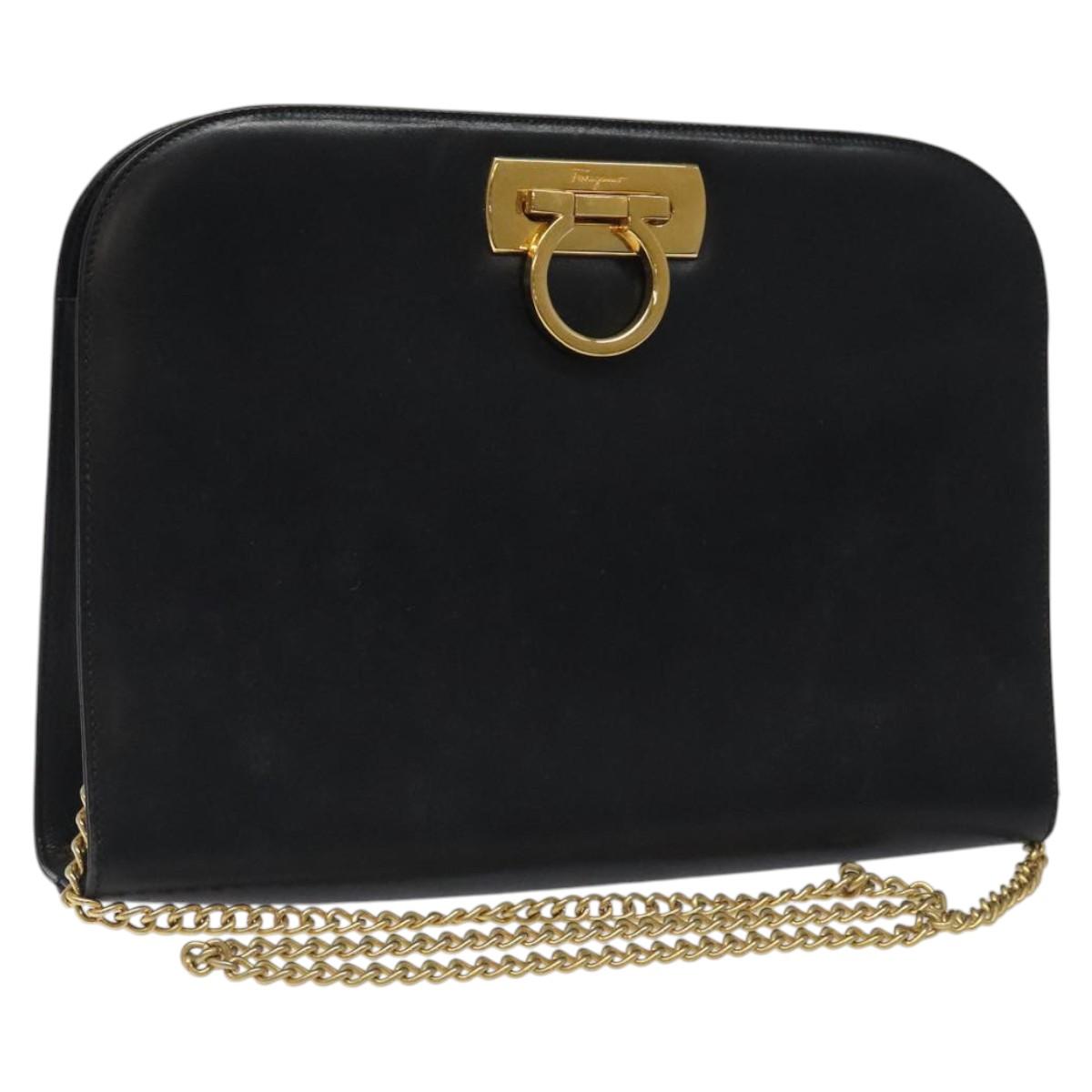 Salvatore Ferragamo Gancini Chain Shoulder Bag Leather Black Gold Auth 116128