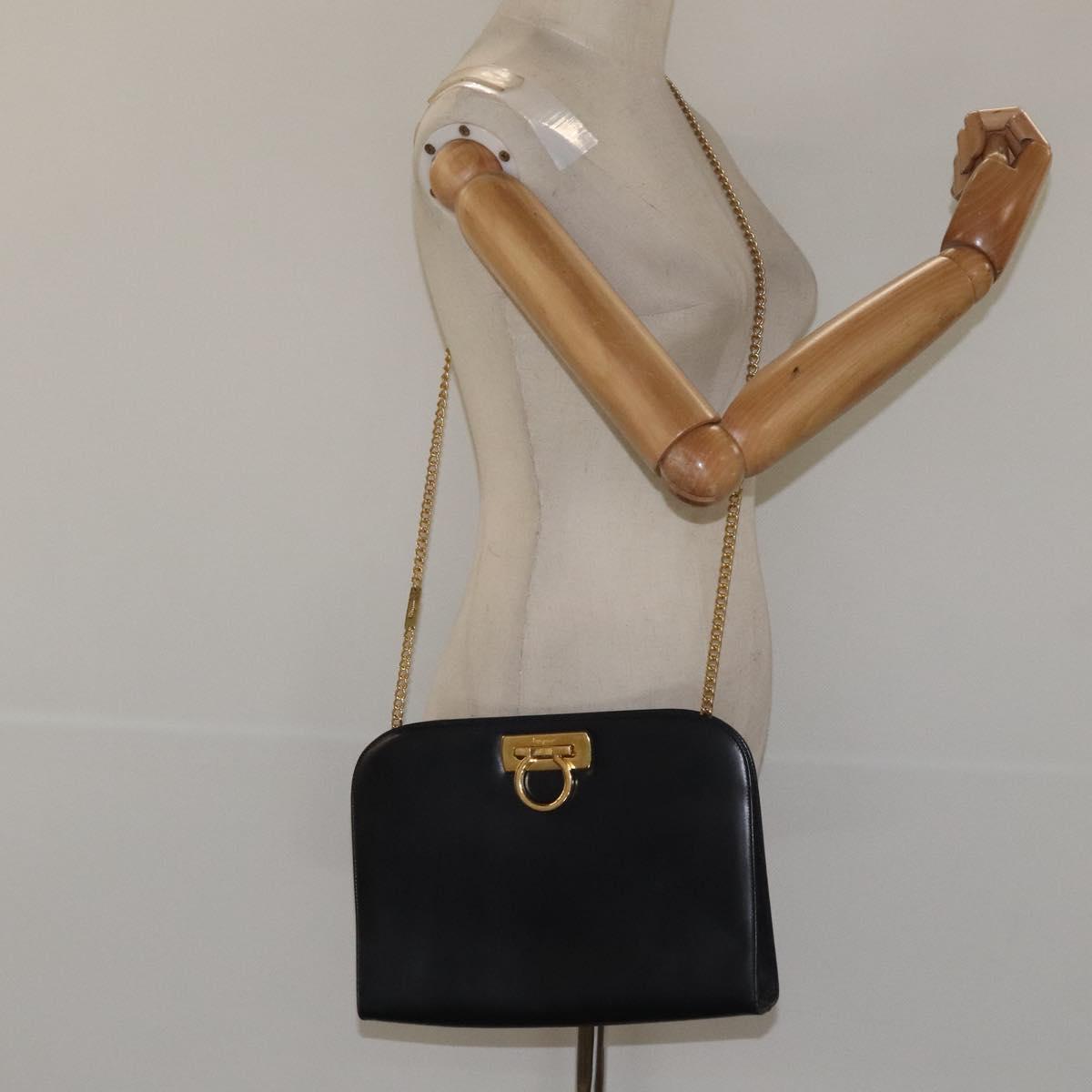 Salvatore Ferragamo Gancini Chain Shoulder Bag Leather Black Gold Auth 116128