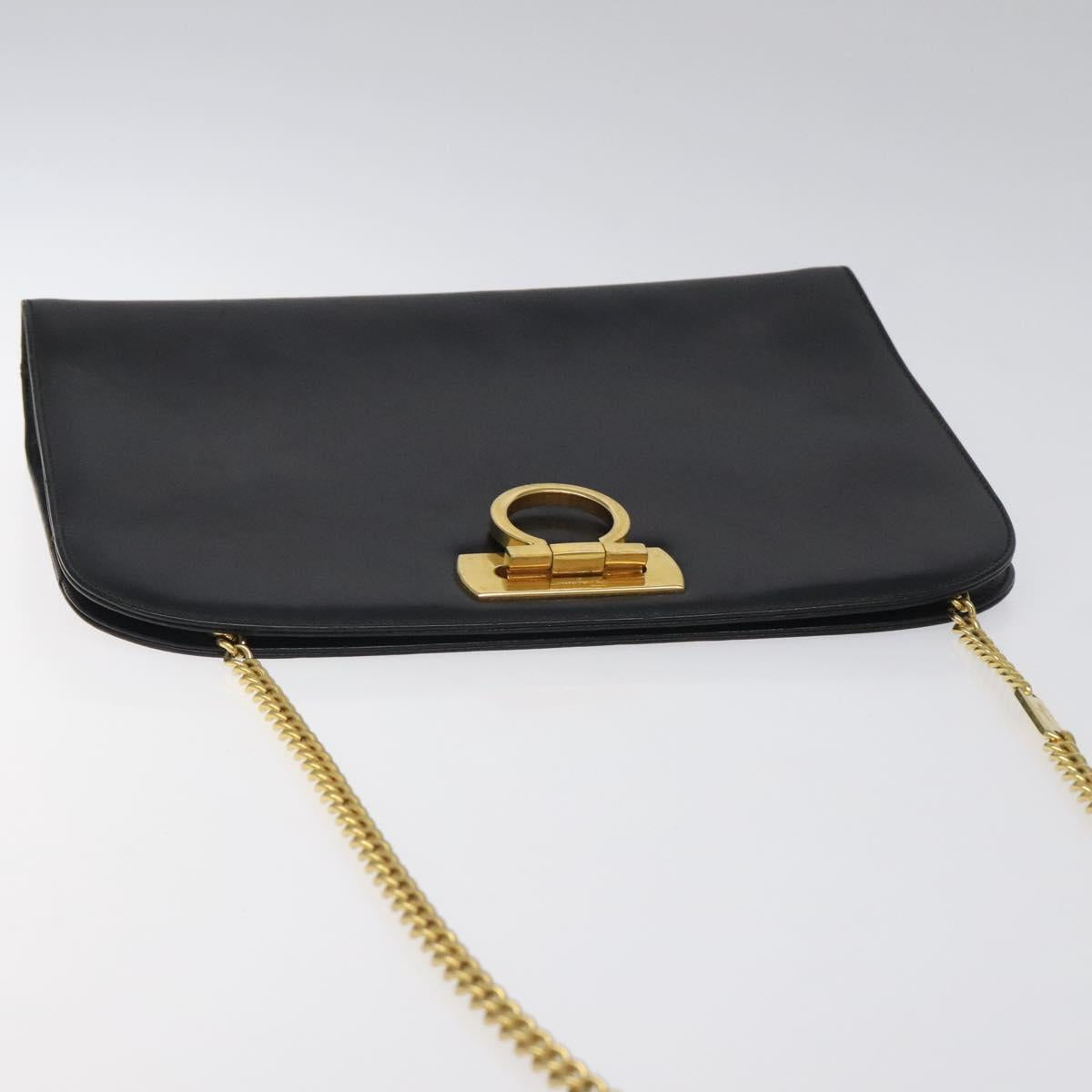 Salvatore Ferragamo Gancini Chain Shoulder Bag Leather Black Gold Auth 116128