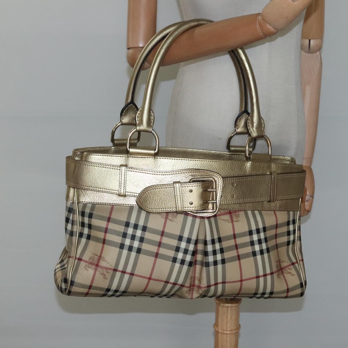 BURBERRY Nova Check Tote Bag PVC Beige Gold Auth 116135