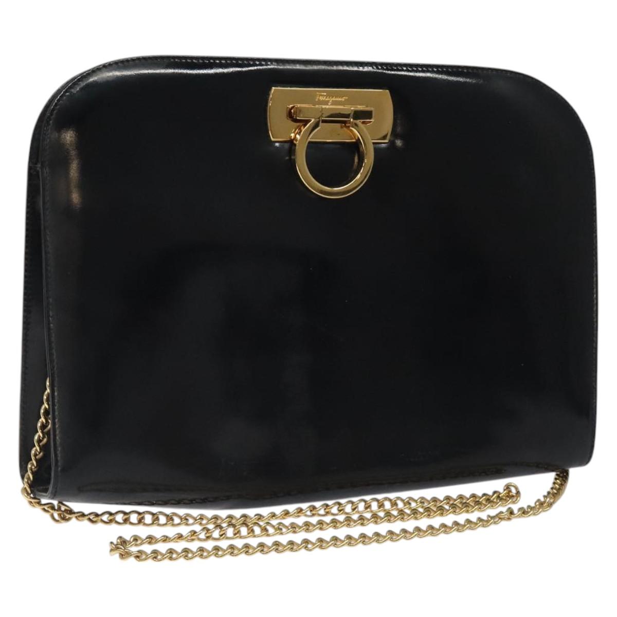Salvatore Ferragamo Gancini Chain Shoulder Bag Patent Black Gold Auth 116139