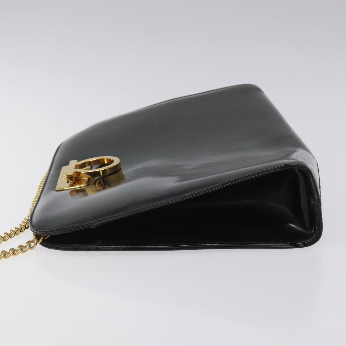 Salvatore Ferragamo Gancini Chain Shoulder Bag Patent Black Gold Auth 116139