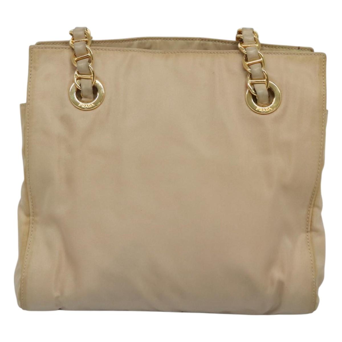 PRADA Chain Shoulder Bag Nylon Beige Gold Auth 116146