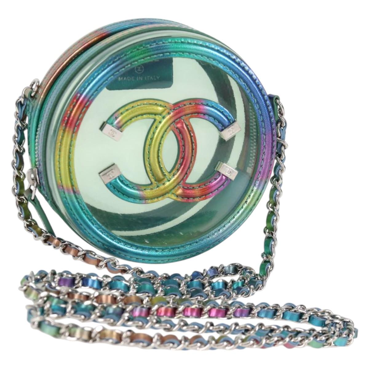 CHANEL CC filigree Chain Shoulder Bag Vinyl Silver Rainbow CC Auth 116287AM