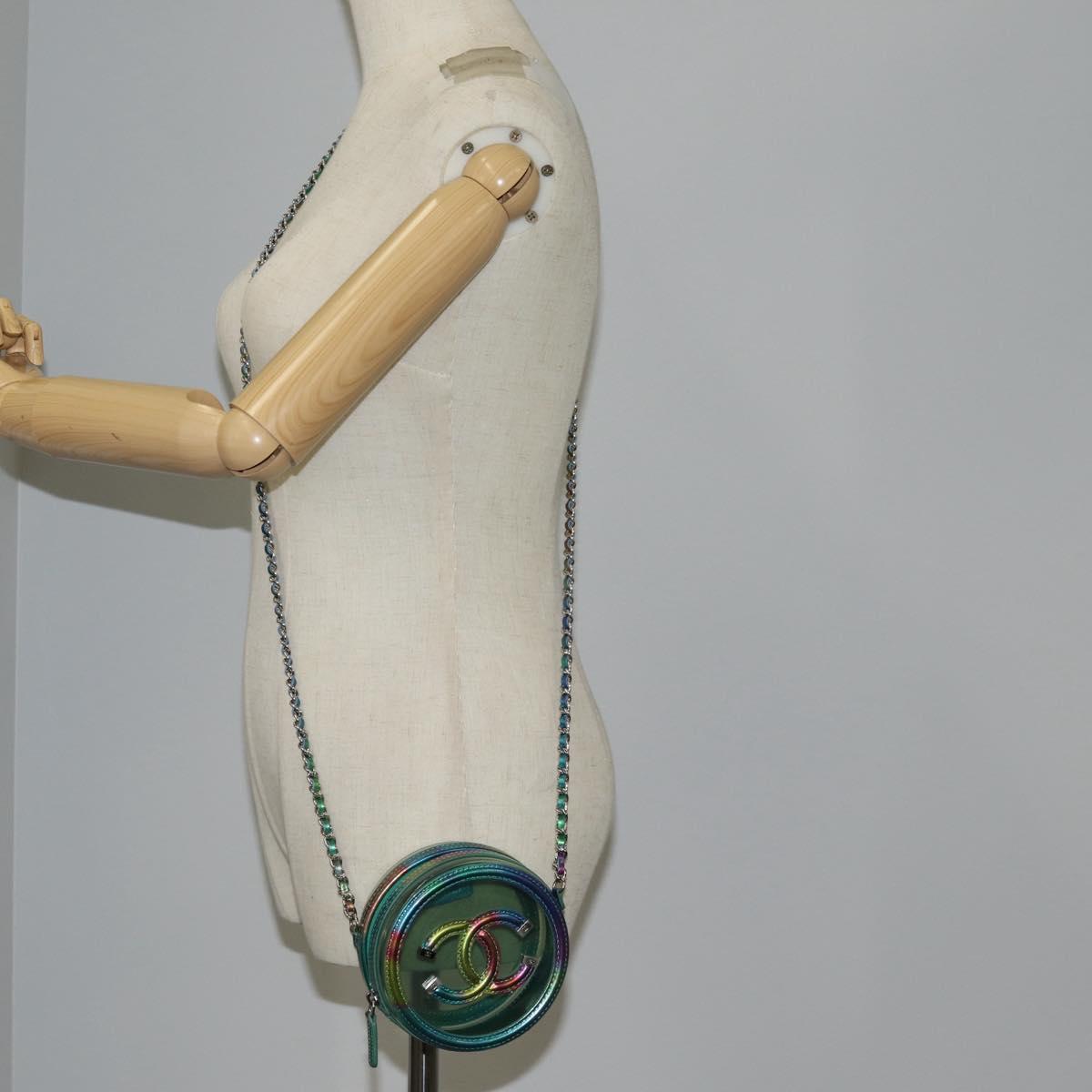 CHANEL CC filigree Chain Shoulder Bag Vinyl Silver Rainbow CC Auth 116287AM