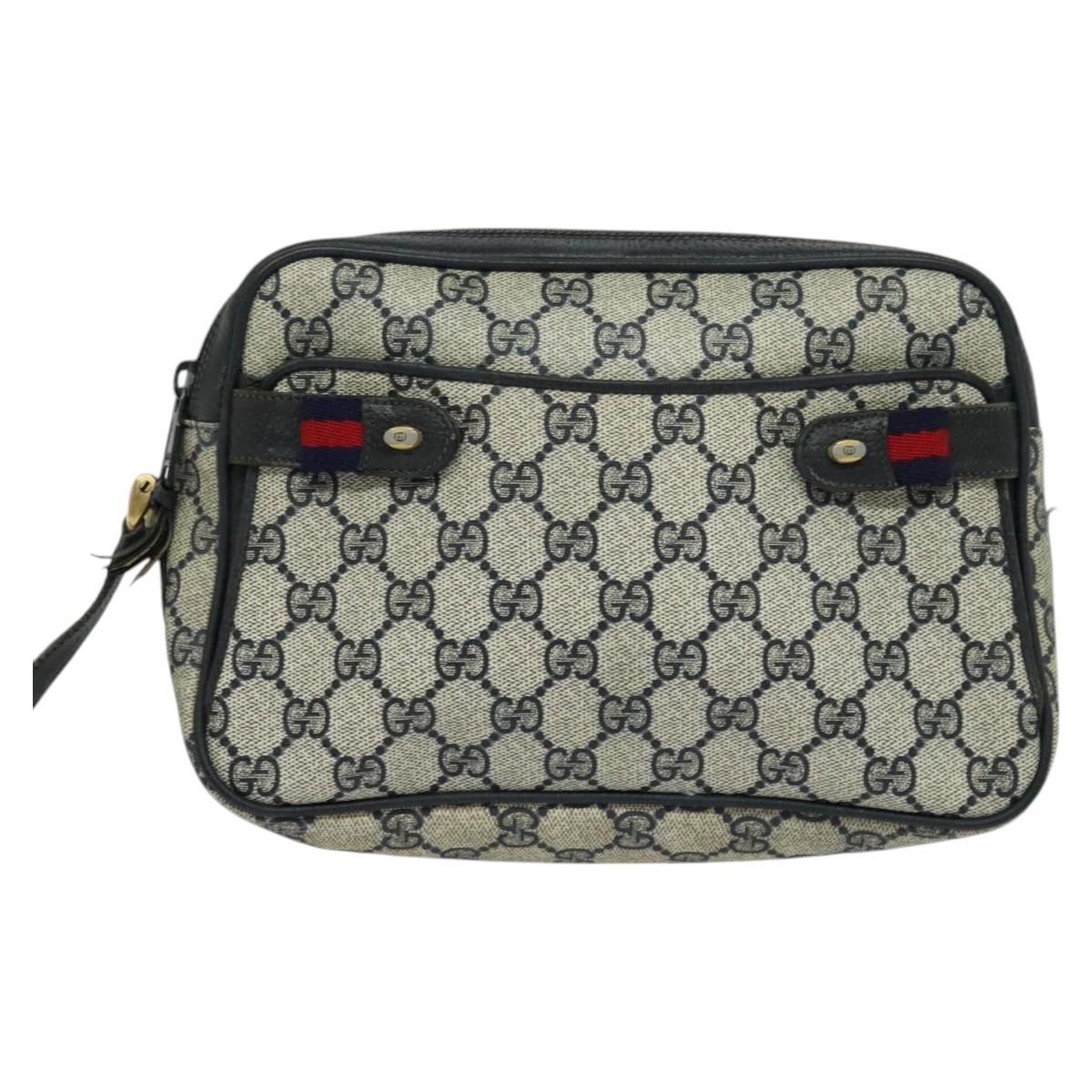 GUCCI GG Supreme Sherry Line Bag PVC Navy Gold Red 904 02 049 Auth 116288