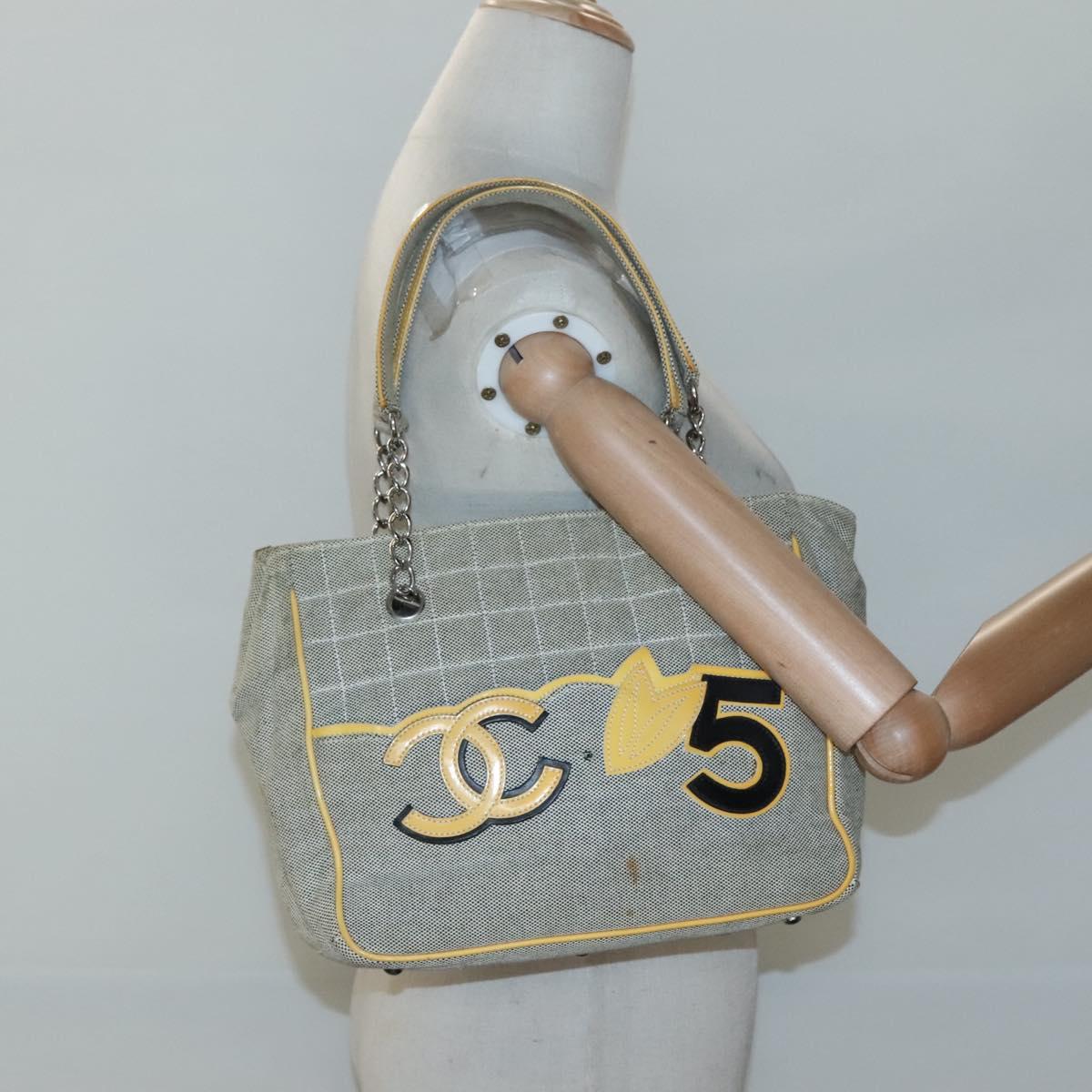 CHANEL Choco Bar Tote Bag Canvas Beige Yellow CC Auth 116301