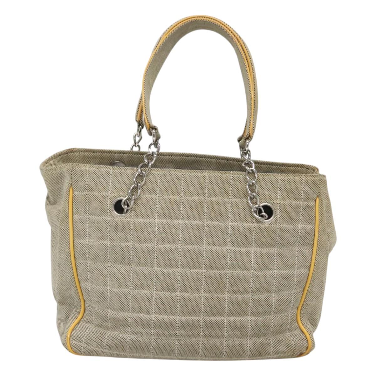 CHANEL Choco Bar Tote Bag Canvas Beige Yellow CC Auth 116301
