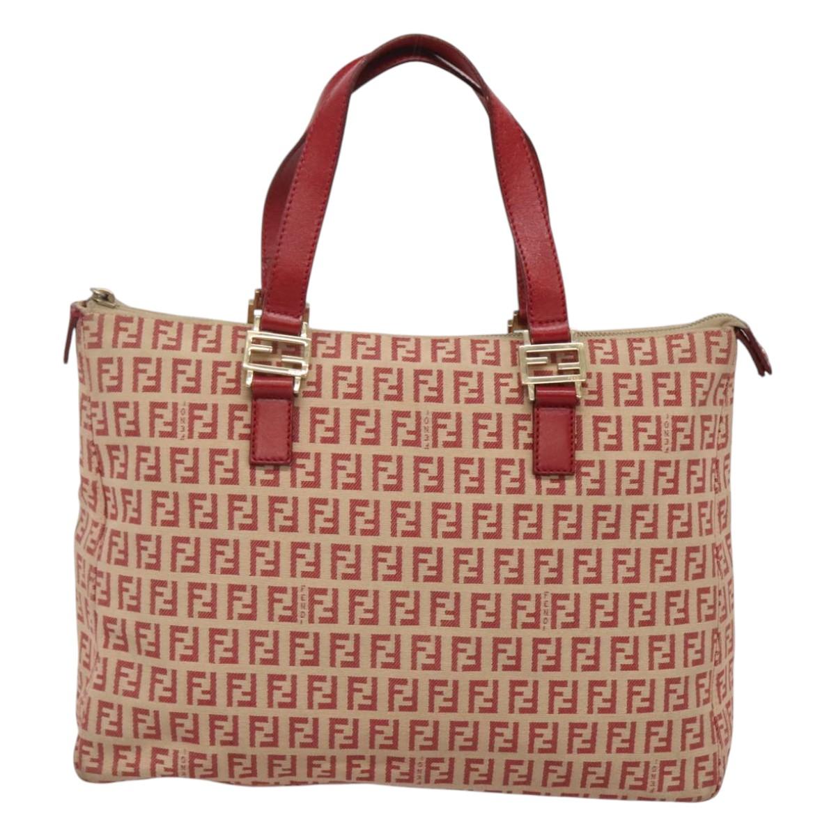 FENDI Zucchino Canvas Hand Bag Red Gold Auth 116319