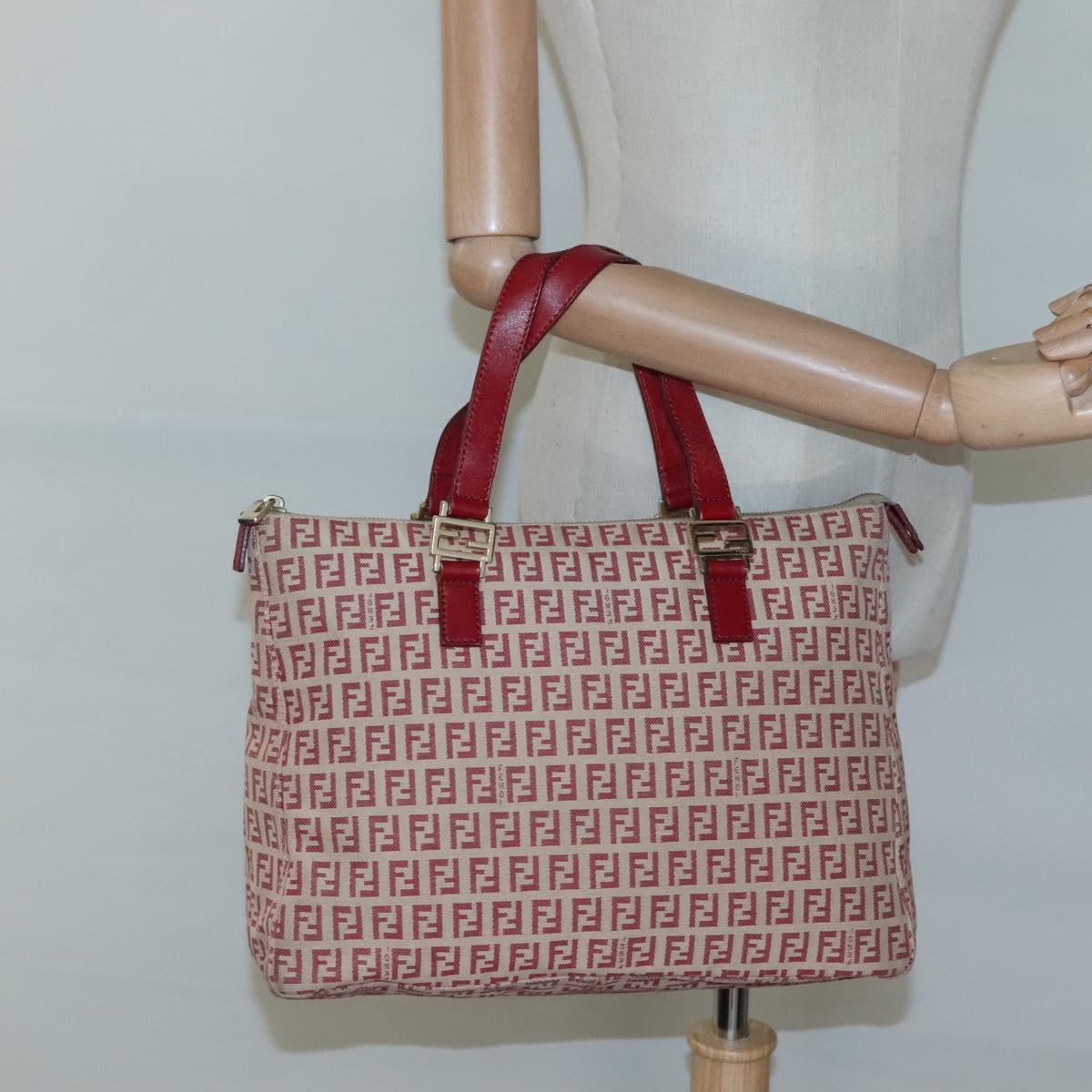 FENDI Zucchino Canvas Hand Bag Red Gold Auth 116319