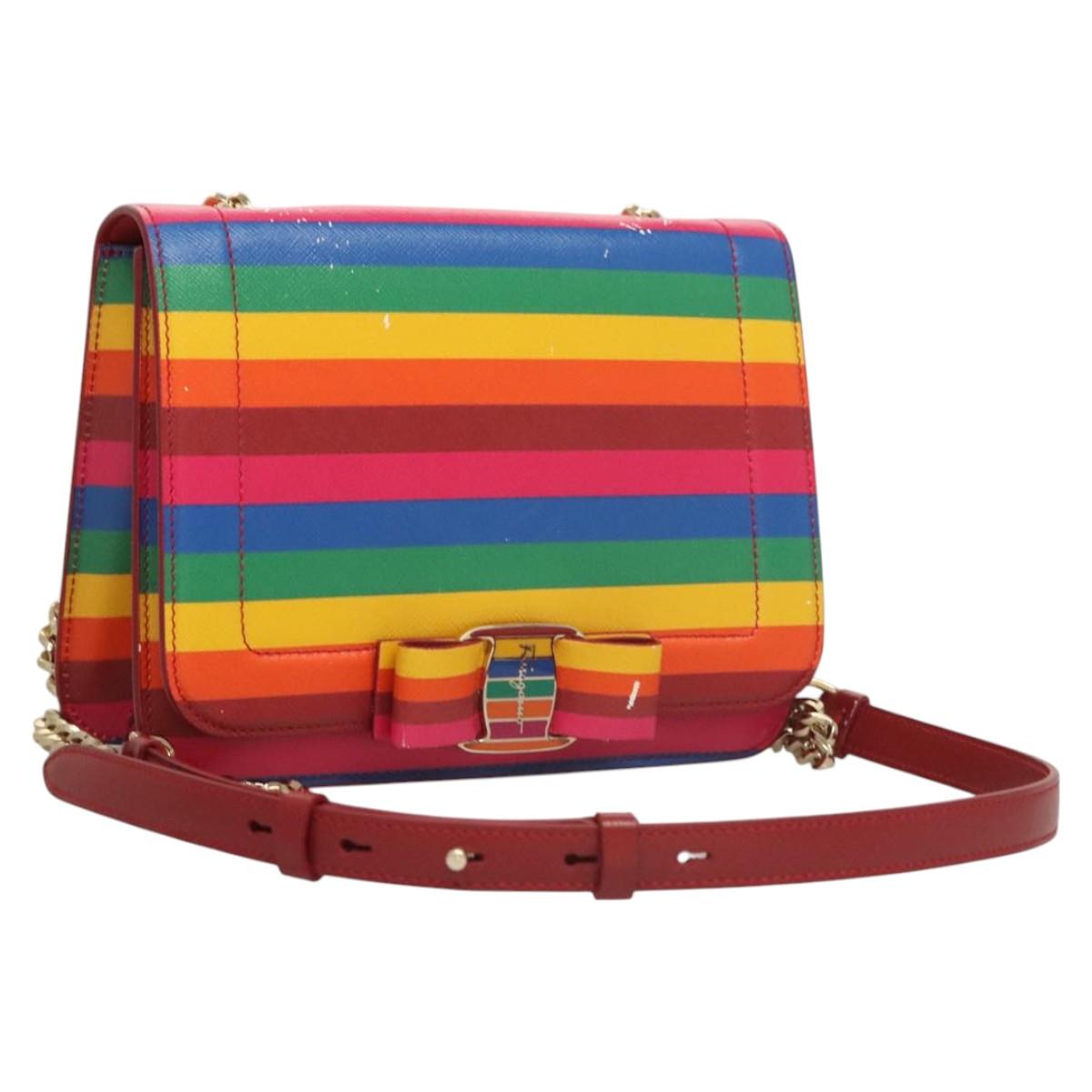 Salvatore Ferragamo Vala Chain Shoulder Bag Leather Gold Rainbow Auth 116333