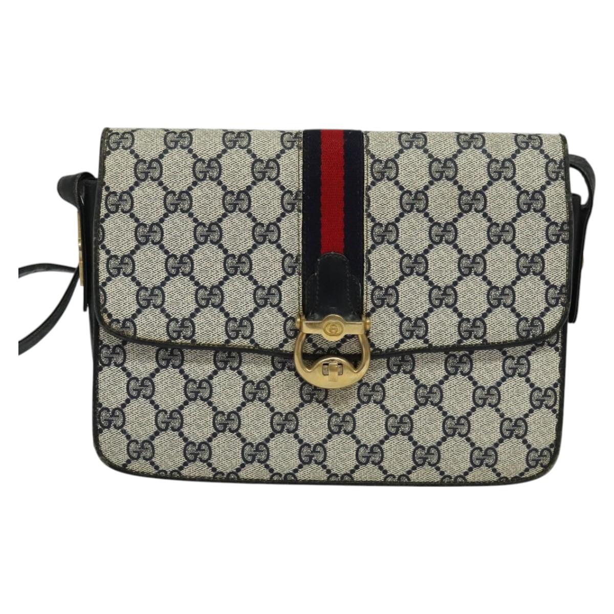 GUCCI GG Supreme Sherry Line Shoulder Bag PVC Navy Gold Red Auth 116337