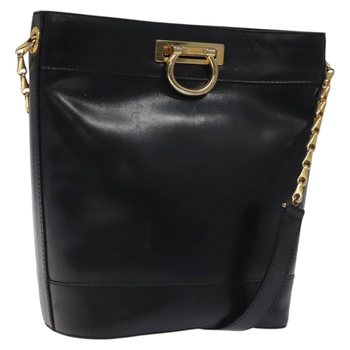 CELINE Shoulder Bag Leather Black Gold Auth 116371