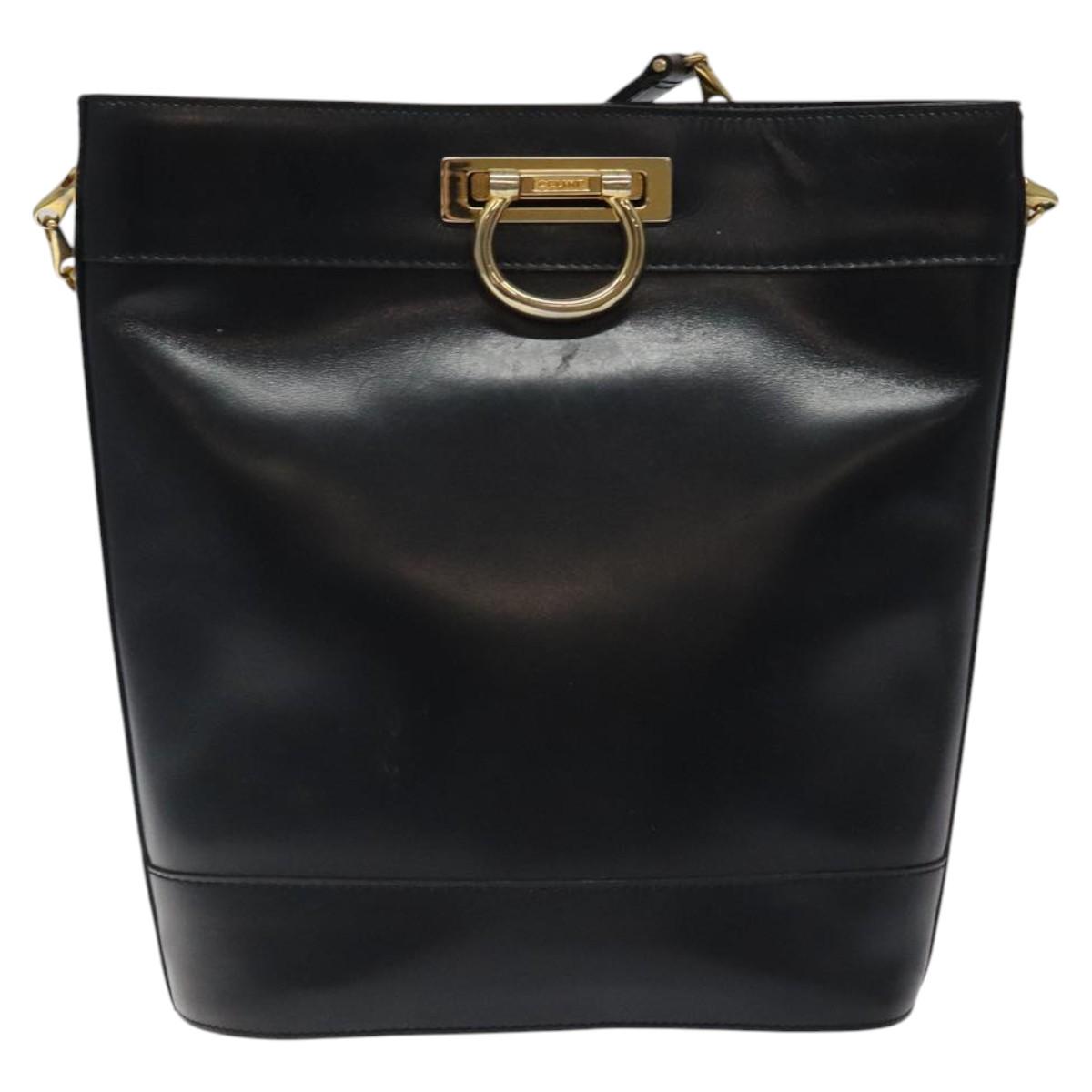 CELINE Shoulder Bag Leather Black Gold Auth 116371