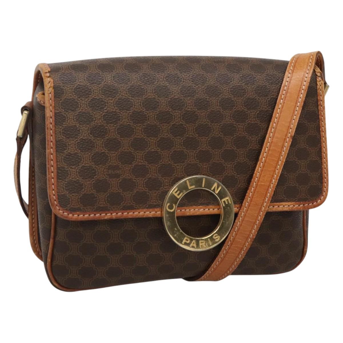 CELINE Macadam Canvas Shoulder Bag PVC Leather Brown Gold Auth 116385