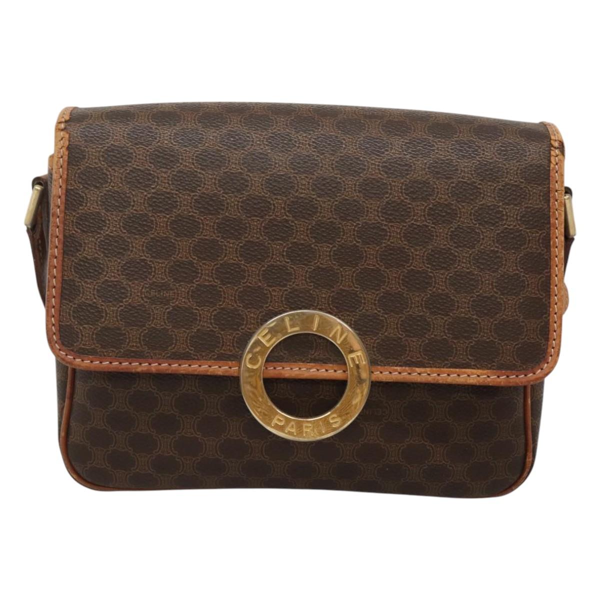 CELINE Macadam Canvas Shoulder Bag PVC Leather Brown Gold Auth 116385