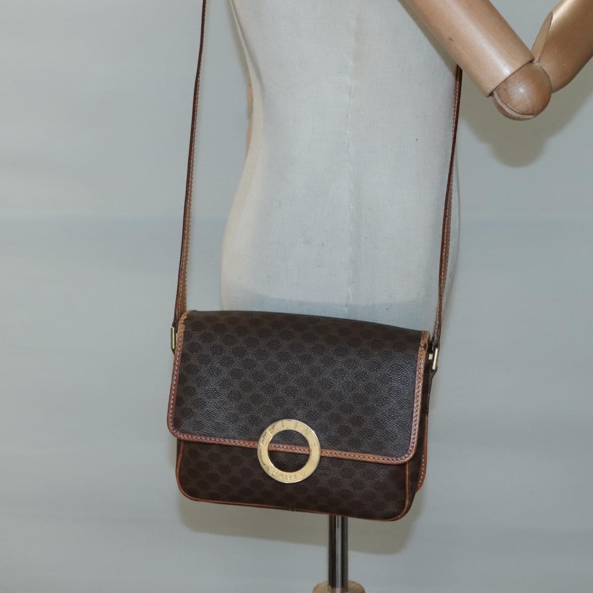 CELINE Macadam Canvas Shoulder Bag PVC Leather Brown Gold Auth 116385