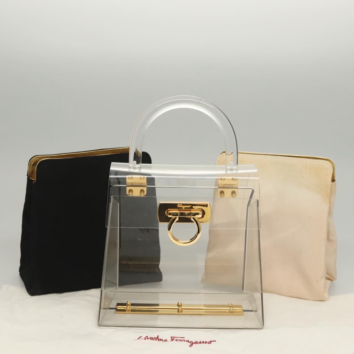 Salvatore Ferragamo Gancini Hand Bag plastic Clear Gold Auth 116442