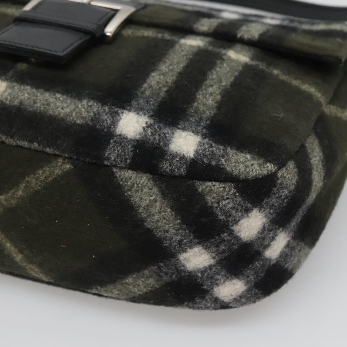 Burberrys Nova Check Blue Label Shoulder Bag Wool Khaki Silver Auth 116541