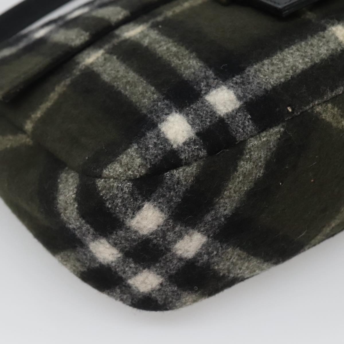 Burberrys Nova Check Blue Label Shoulder Bag Wool Khaki Silver Auth 116541