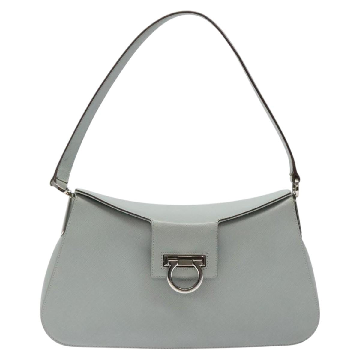 Salvatore Ferragamo Gancini Shoulder Bag Leather Light Blue Silver Auth 116561