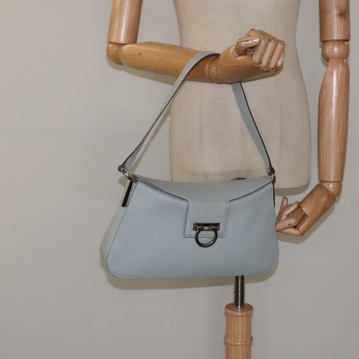 Salvatore Ferragamo Gancini Shoulder Bag Leather Light Blue Silver Auth 116561