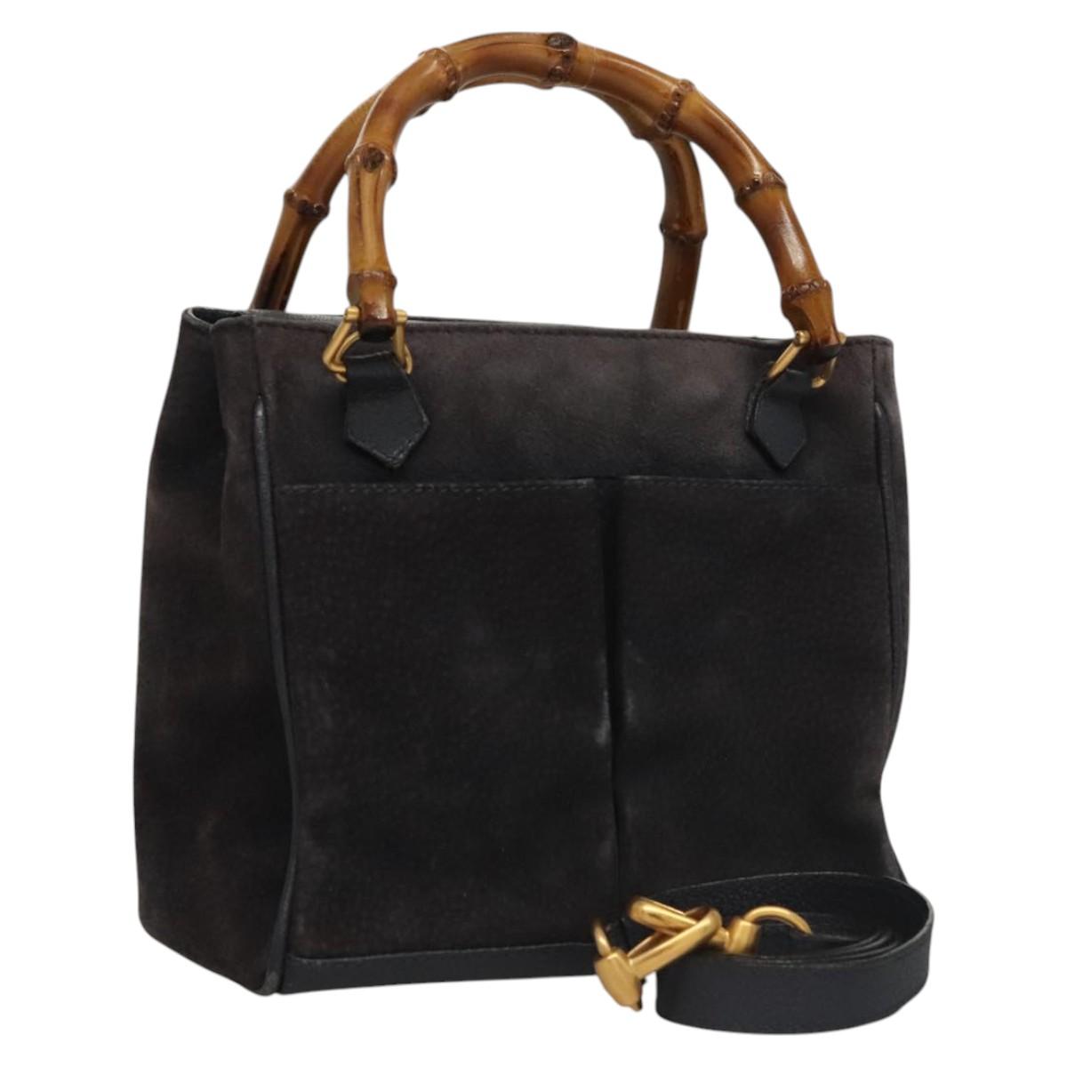 GUCCI Bamboo Hand Bag Suede 2way Navy Gold 000 123 0316 Auth 116684
