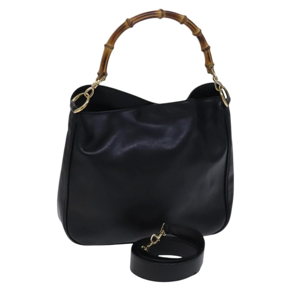 GUCCI Bamboo Hand Bag Leather 2way Black Gold 001 0166 1638 Auth 116782