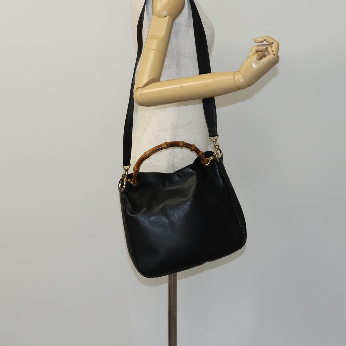 GUCCI Bamboo Hand Bag Leather 2way Black Gold 001 0166 1638 Auth 116782