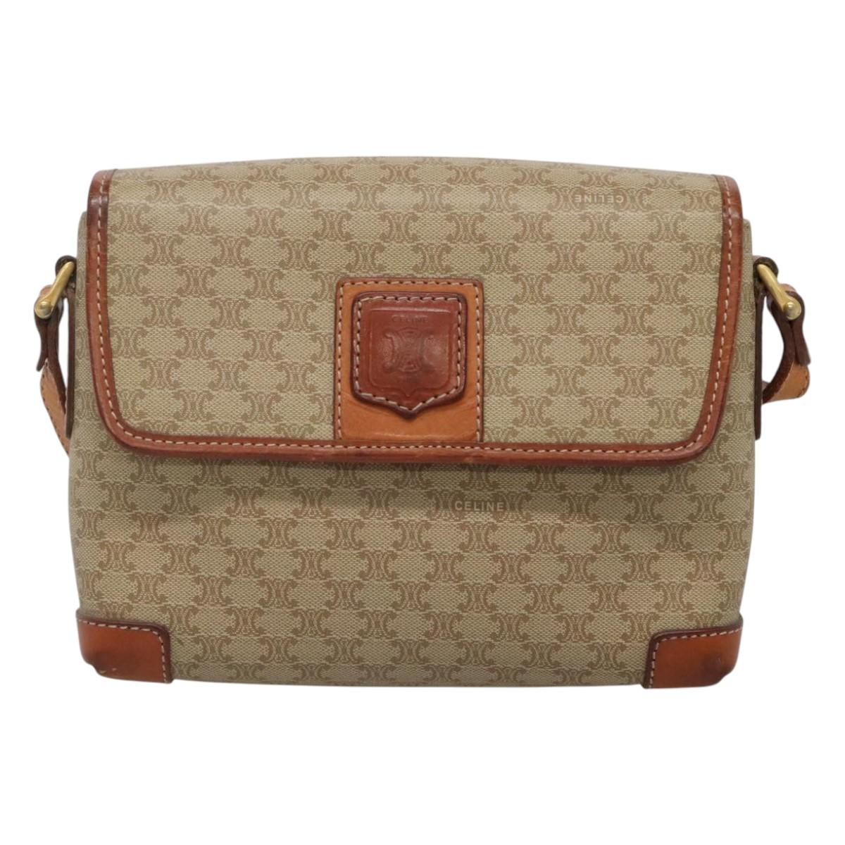 CELINE Macadam Canvas Shoulder Bag Beige Gold Auth 116806