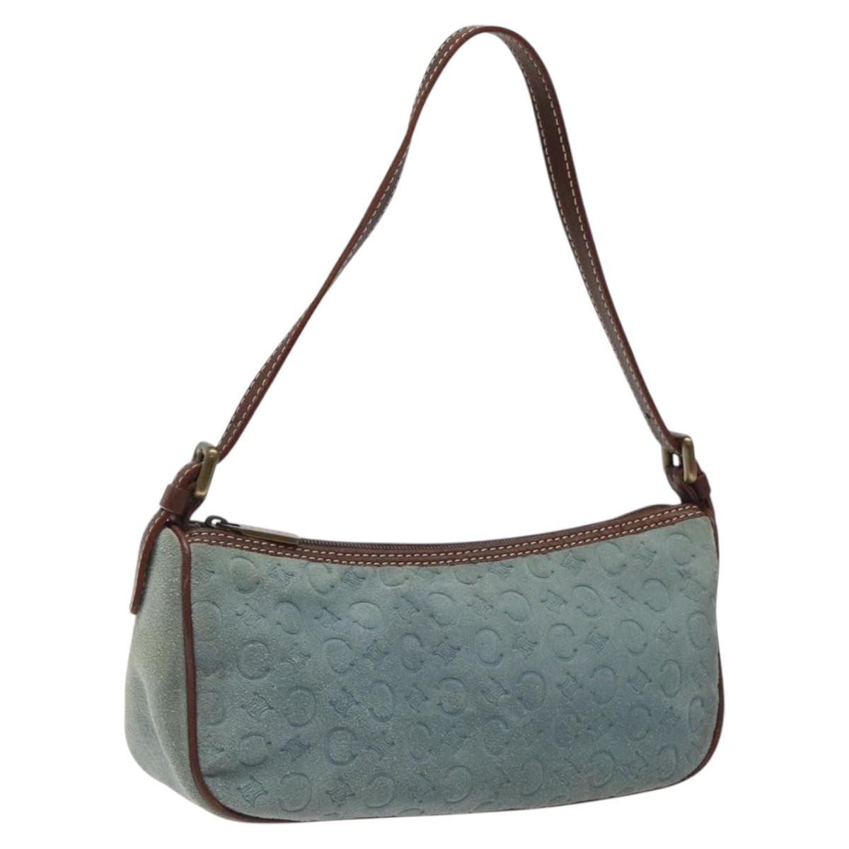 CELINE C Macadam Canvas Accessory Pouch Suede Light Blue Gold Auth 116852