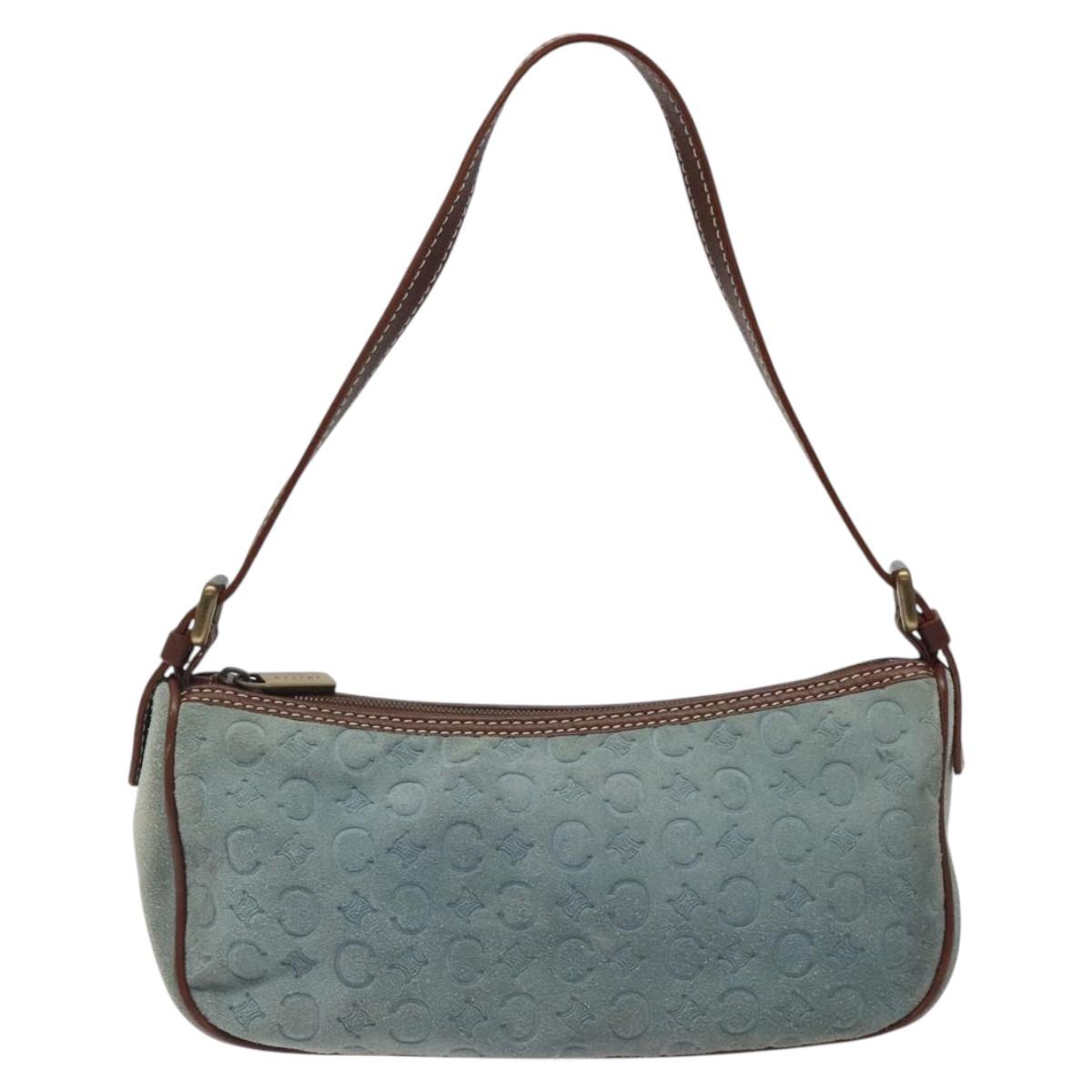 CELINE C Macadam Canvas Accessory Pouch Suede Light Blue Gold Auth 116852