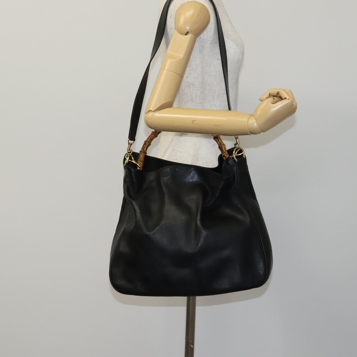 GUCCI Bamboo Shoulder Bag Leather 2way Black Gold 001 1781 1577 Auth 116886